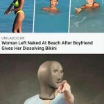 Woman shocked in ocean wearing dissolving bikini prank.