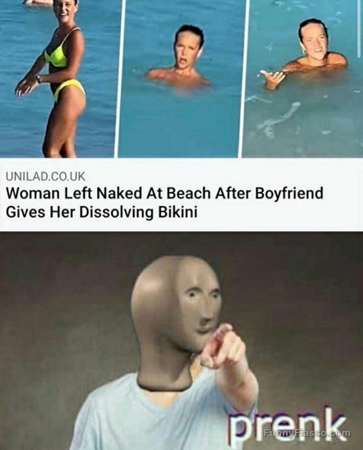 Woman shocked in ocean wearing dissolving bikini prank.