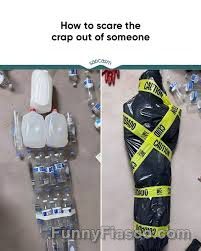 Hilarious DIY scare prank setup made of household items.