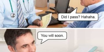 Doctor delivering dark humor diagnosis to patient.