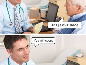 Doctor delivering dark humor diagnosis to patient.