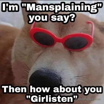 Dog wearing red sunglasses with mansplaining joke