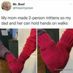 Two-person mittens for holding hands, creating a heartwarming moment.