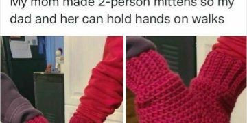 Two-person mittens for holding hands, creating a heartwarming moment.