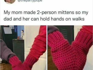 Two-person mittens for holding hands, creating a heartwarming moment.