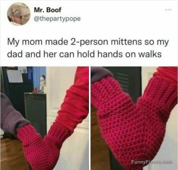 Two-person mittens for holding hands, creating a heartwarming moment.