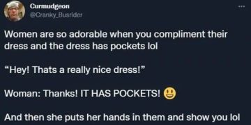 Wholesome meme about women excitedly showing dress pockets.