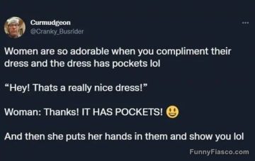 Wholesome meme about women excitedly showing dress pockets.