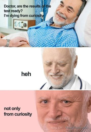 Patient joking about test results, doctor smirking darkly.