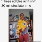 Person eating pet food after underestimating edibles' effect.