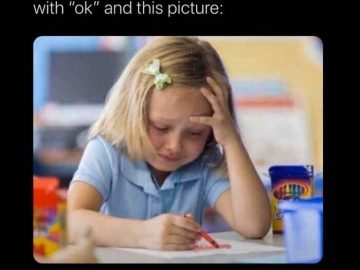 Child stressed over crayons, relatable email response meme.