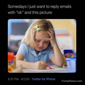 Child stressed over crayons, relatable email response meme.