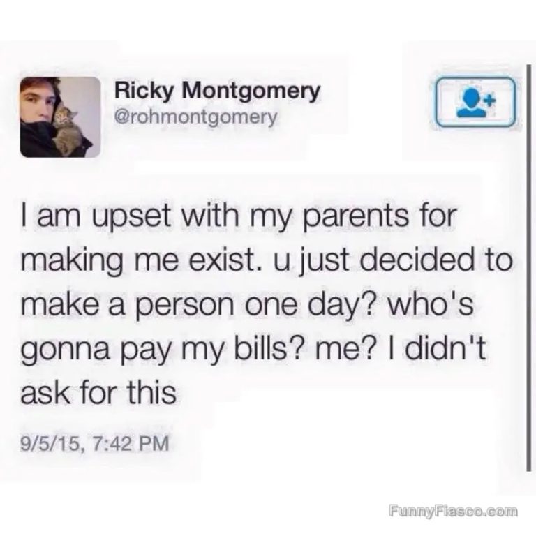 Meme about blaming parents for existence and paying bills.