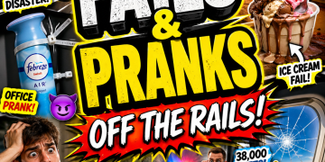 Chaotic fail and prank meme roundup thumbnail with exaggerated disaster scenes and bold funny text