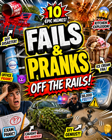 Chaotic fail and prank meme roundup thumbnail with exaggerated disaster scenes and bold funny text