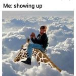 Person humorously riding a giraffe in the clouds.