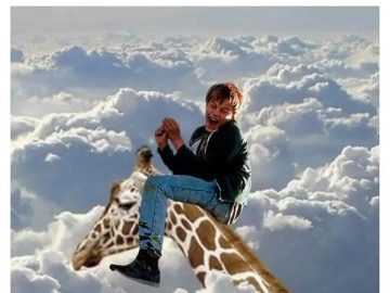 Person humorously riding a giraffe in the clouds.