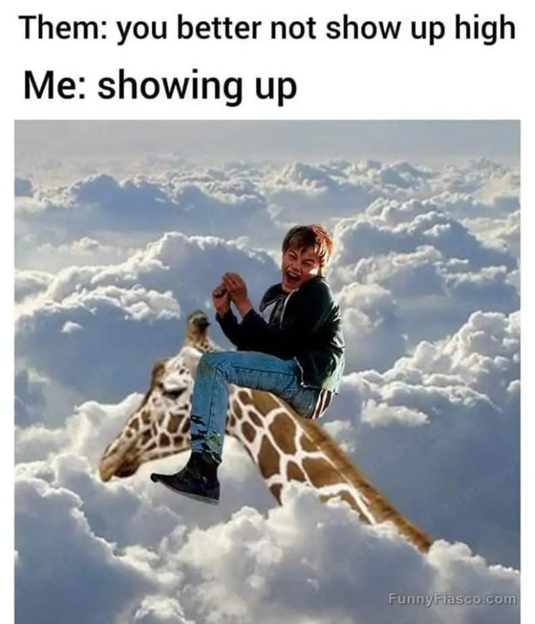 Person humorously riding a giraffe in the clouds.