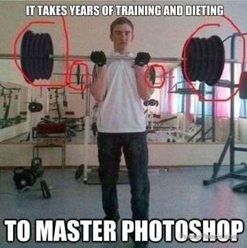 Man lifting weights poorly edited in Photoshop, gym prank style.