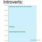 Introvert's daily schedule highlighting the stress of a meeting.