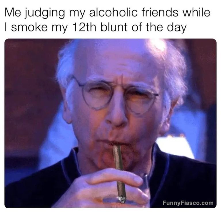 Person smoking a blunt with humorous judgmental caption.