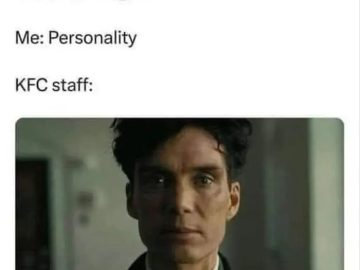 KFC staff reaction after asking about breast or thighs and getting "personality" as an answer.