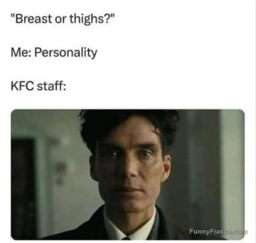 KFC staff reaction after asking about breast or thighs and getting "personality" as an answer.