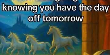 Knight dreaming of unicorns knowing he has the day off.