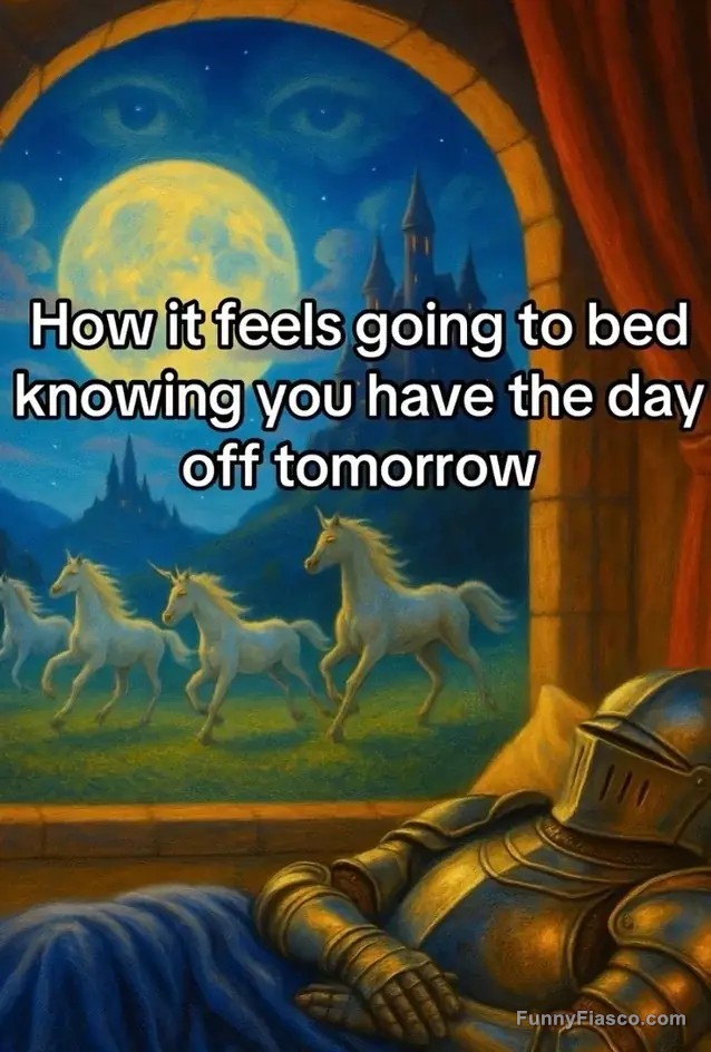 Knight dreaming of unicorns knowing he has the day off.