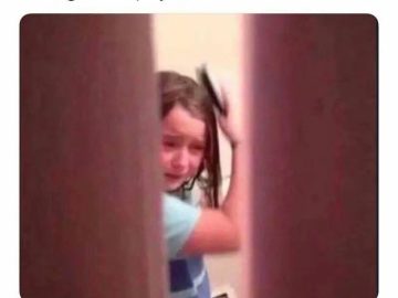 Crying child brushing hair with "Let's get this paycheck" text