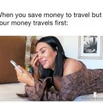 Woman crying over phone as money travels instead of her.
