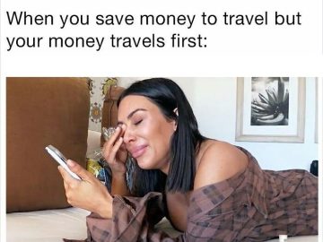 Woman crying over phone as money travels instead of her.