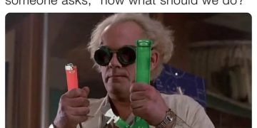 Meme of a character holding a lighter and a bong, pondering "now what?"
