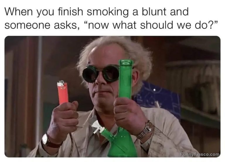 Meme of a character holding a lighter and a bong, pondering "now what?"
