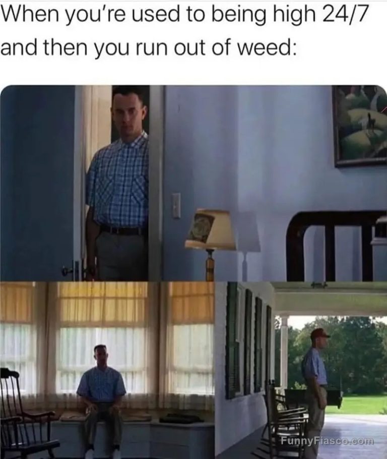 Man looking anxious after running out of weed, humorous meme.