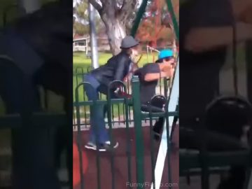A funny fails compilation showing a person tripping with metal bowls, a patio umbrella breaking a glass table, a playground fall, and a bike crash.