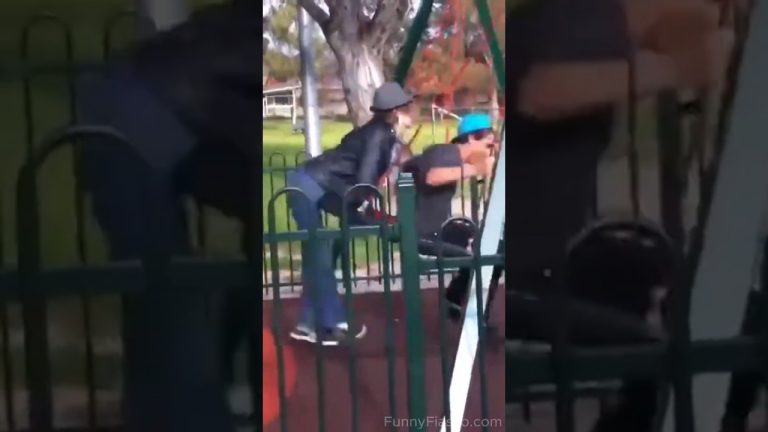 A funny fails compilation showing a person tripping with metal bowls, a patio umbrella breaking a glass table, a playground fall, and a bike crash.