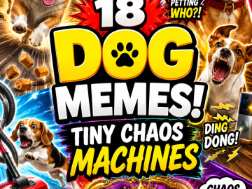 A chaotic dog meme roundup thumbnail with funny dogs, dramatic reactions, snack chaos, vet trip panic, and bold text about dog memes.