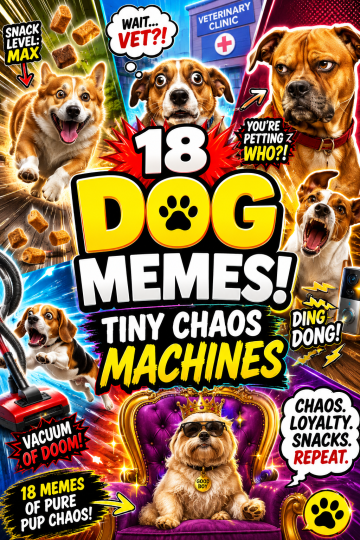 A chaotic dog meme roundup thumbnail with funny dogs, dramatic reactions, snack chaos, vet trip panic, and bold text about dog memes.