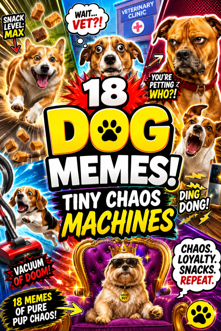 A chaotic dog meme roundup thumbnail with funny dogs, dramatic reactions, snack chaos, vet trip panic, and bold text about dog memes.