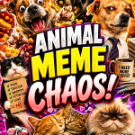 A chaotic funny animal meme roundup thumbnail featuring dogs, cats, snacks, and dramatic pet reactions