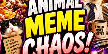 A chaotic funny animal meme roundup thumbnail featuring dogs, cats, snacks, and dramatic pet reactions