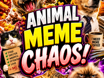 A chaotic funny animal meme roundup thumbnail featuring dogs, cats, snacks, and dramatic pet reactions