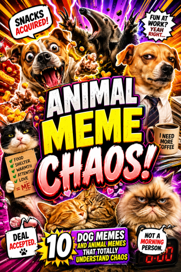 A chaotic funny animal meme roundup thumbnail featuring dogs, cats, snacks, and dramatic pet reactions