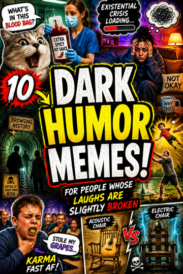 Chaotic dark humor meme roundup thumbnail with exaggerated reactions, dramatic lighting, and bold text