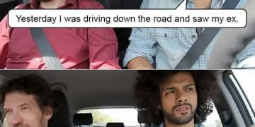Two men in a car joking about seeing an ex, with a dark twist.