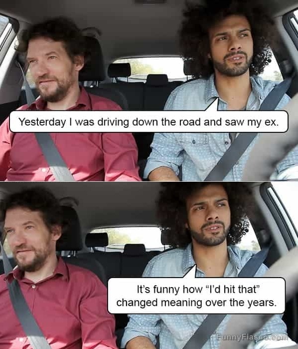Two men in a car joking about seeing an ex, with a dark twist.