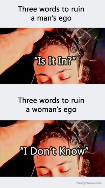 Meme humorously highlighting ego-crushing phrases for men and women.