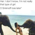 Woman surprised by playful elephants on the beach, party vibes