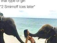 Woman surprised by playful elephants on the beach, party vibes